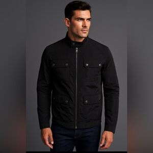 Hugo Boss Lightweight Black Cargo Mock Neck Military Full Zip Jacket Size 46R